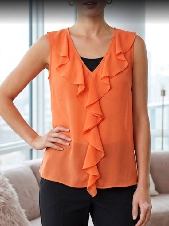 Bisou Bisou Tops - Sleeveless Ruffled V-Neck Sheer Blouse Coral Orange – M
